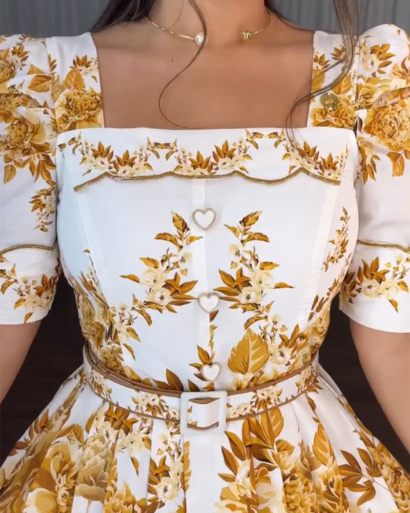 Floral Print Square Neck Puff Sleeve Pleated Front Dress Heart Button Decor Shirred Back Cinched Waist Vacation Dress with Belt