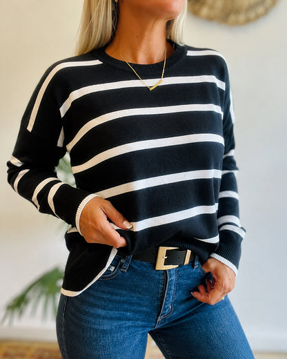Women's Striped Drop Shoulder Sweater Casual Crewneck Long Sleeve Pullover