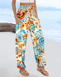 Tie Dye Print Shirred High Waist Cinched Hem Long Pants Vacation Pants with Pocket