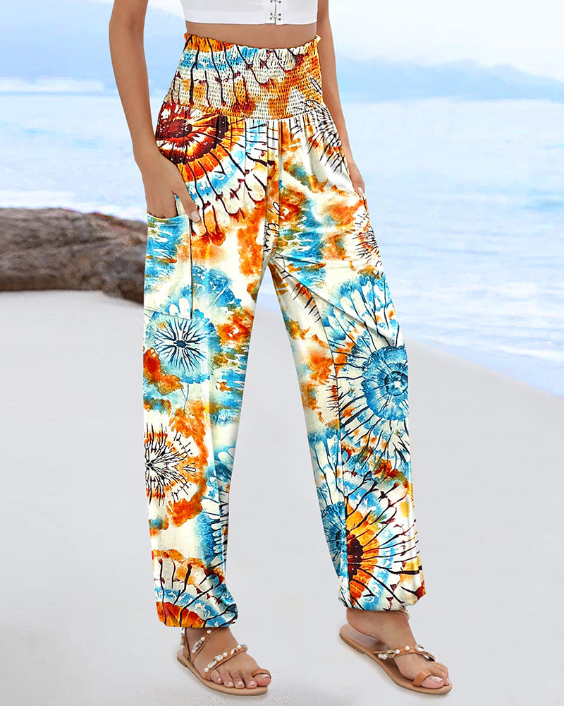 Tie Dye Print Shirred High Waist Cinched Hem Long Pants Vacation Pants with Pocket