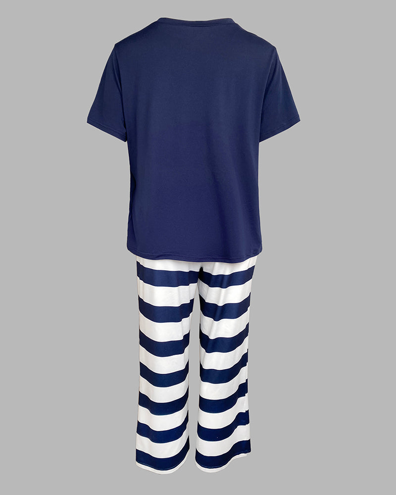 2 Pieces Outfit Anchor Pattern Short Sleeve Top and Striped Elastic Waist Pants Set Casual Pajamas Set