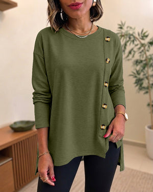 Camiseta holgada con dobladillo dividido alto y bajo con detalle de botón lateral para mujer Top informal con hombros caídos