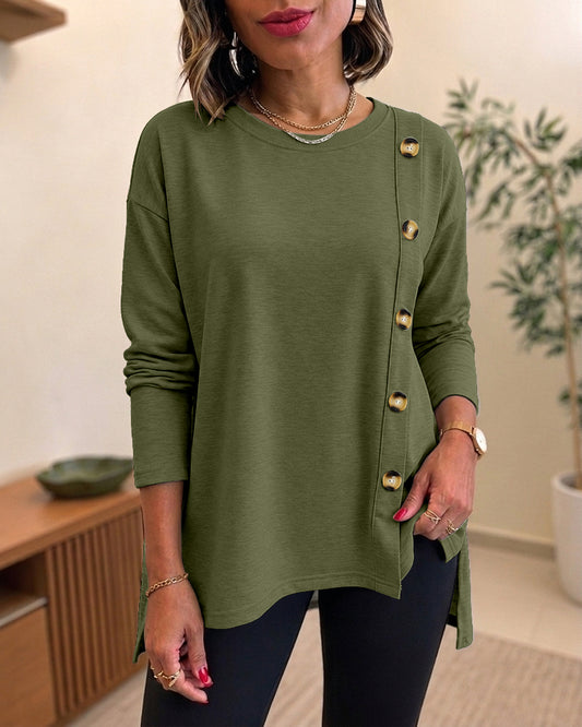 Women's Side Button Detail High-Low Split Hem Loose Tee Drop Shoulder Casual Top