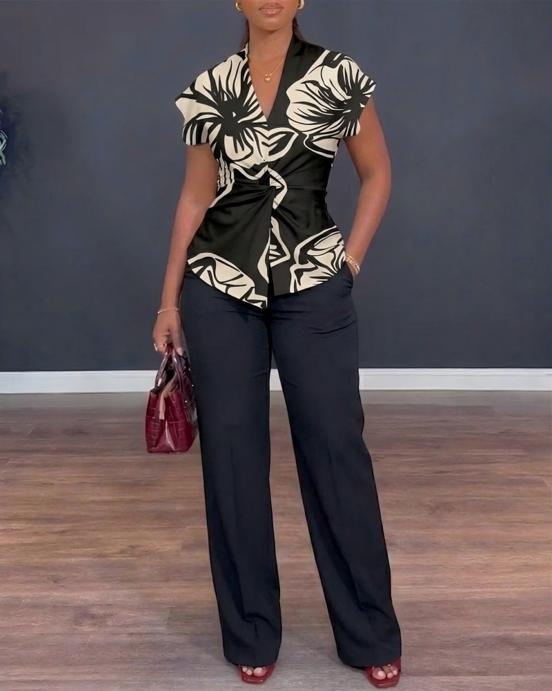 Women's 2 Piece Outfit Floral Print Twist Front V Neck Top and High Waist Wide Leg Pants Set