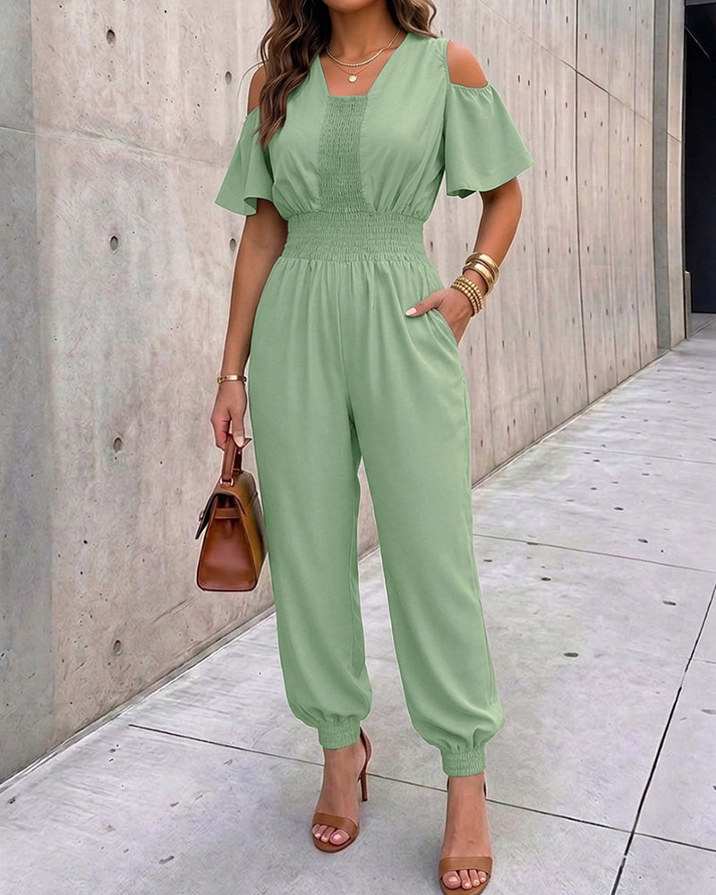 Women's Cold Shoulder Jumpsuit Casual High Waist Shirred Cuffed Overalls with Pockets