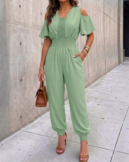 Women's Cold Shoulder Jumpsuit Casual High Waist Shirred Cuffed Overalls with Pockets