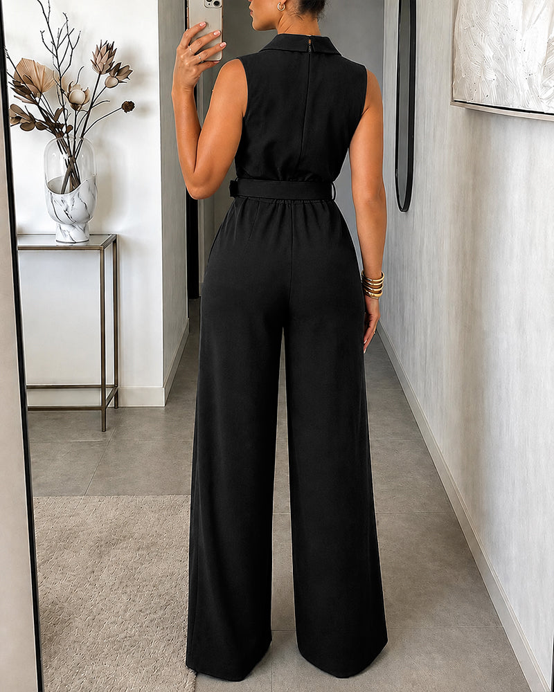 Women's Sleeveless High Waist Blazer Jumpsuit Elegant Double Breasted Wide Leg Overalls with Belt