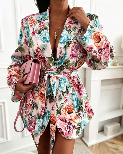 Women's Floral Print Blazer Casual Single Breasted Suit Coat Retro Oil Painting Floral Long Sleeve Coat with Belt