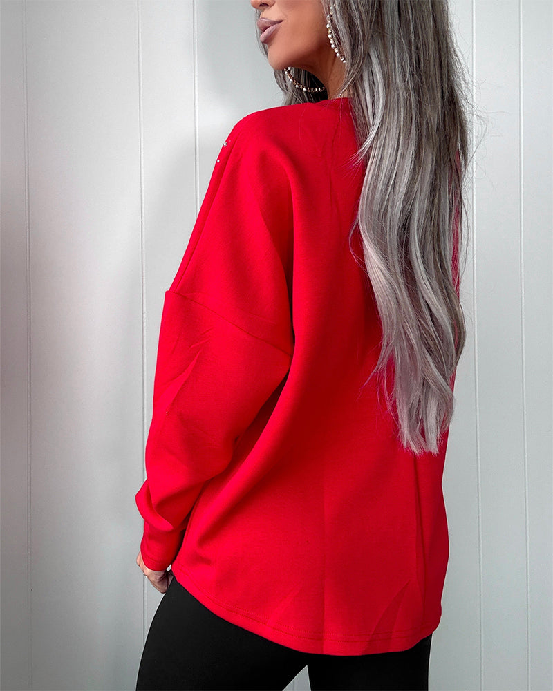 Women's Rhinestone Crewneck Sweatshirt Loose Drop Shoulder Pullover Top