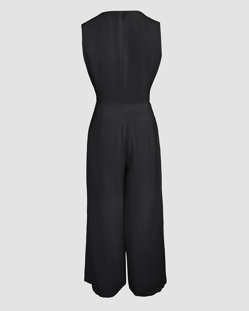 2 Pieces Outfits V Neck Sleeveless Button Front Vest Crop Top And Casual Zipper Fly Elastic Back Waist Wide Leg Pants Set