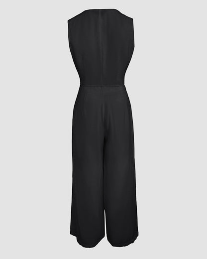 2 Pieces Outfits V Neck Sleeveless Button Front Vest Crop Top And Casual Zipper Fly Elastic Back Waist Wide Leg Pants Set