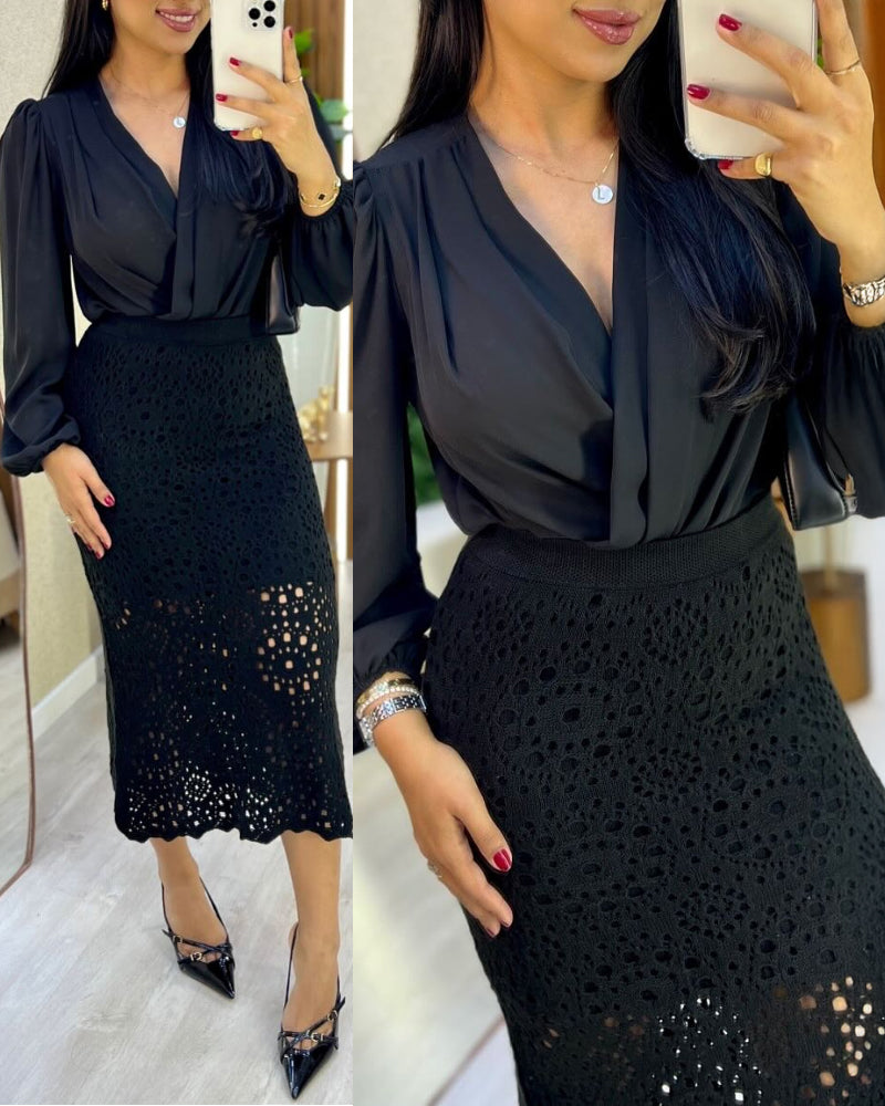 Crochet Pattern Elastic Waist Hollow-out Mid-Calf Skirt Casual Commuting Skirt