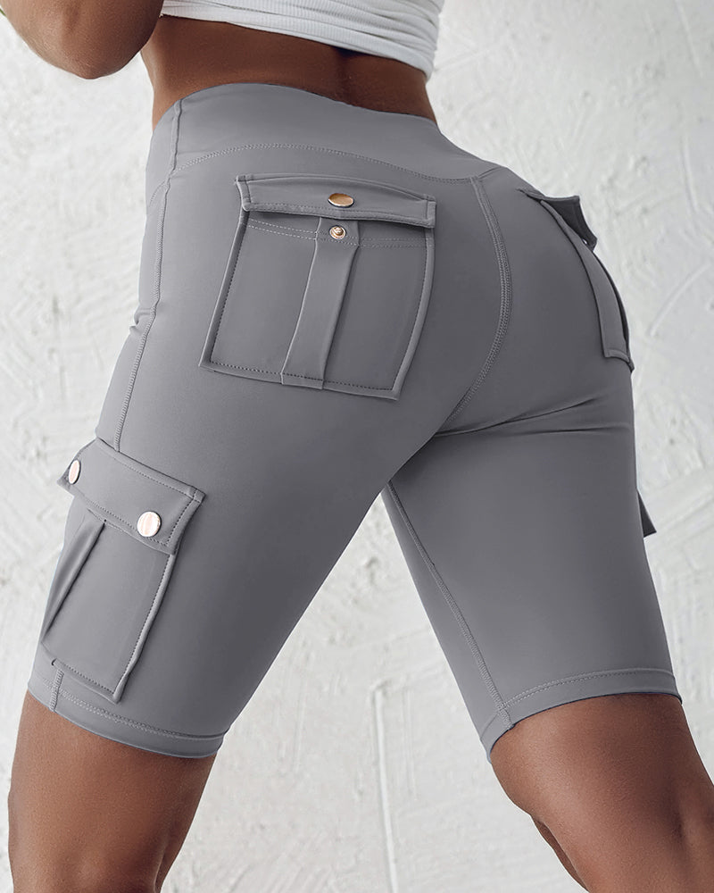 Tummy Control Butt Lifting Active Shorts High Waist Flap Pocket Workout Bermuda Cargo Running Shorts