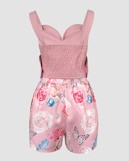 Women's 2-Piece Set 3D Floral Rhinestone Crop Cami Top and Floral Butterfly Print High Waisted Shorts with Pockets