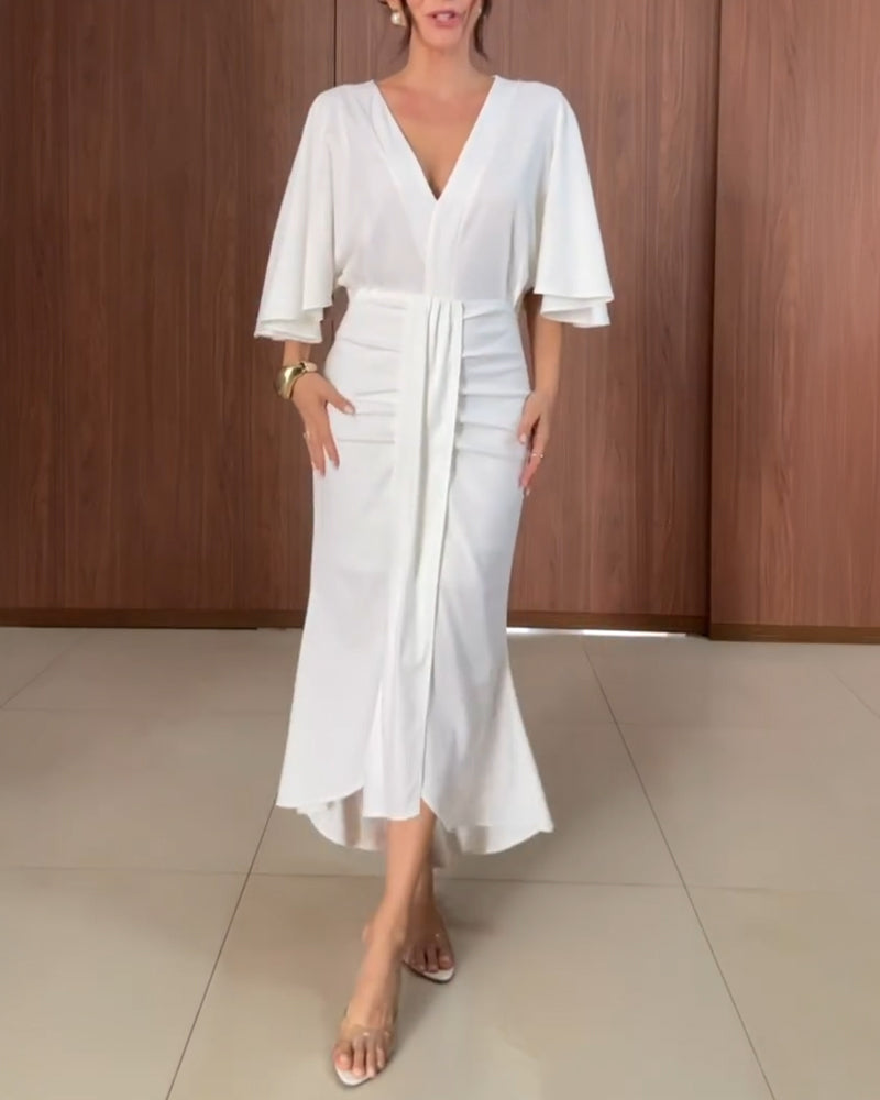 V-Neck Butterfly Sleeve Hollow-out Back Draped Mermaid Hem Dress Elegant Ruched Zipper Back Asymmetrical Hem Evening Dress
