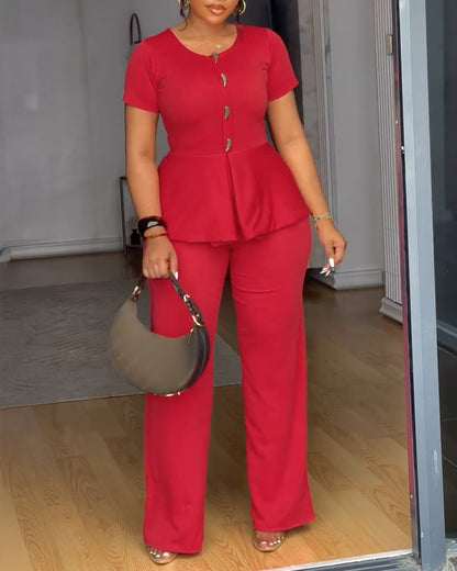 Toggle Button Decor Round Neck Peplum Waist Overalls Casual Zipper Back Wide Leg Jumpsuit