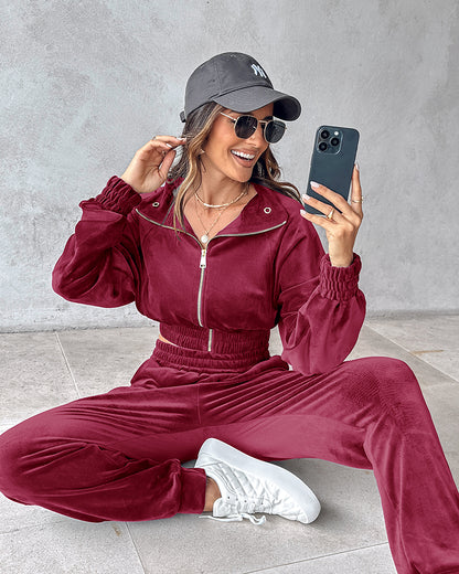 2 Piece Velvet Lounge Outfits Zip Up Crop Sweatshirt and Cuffed Sweatpants with Pockets