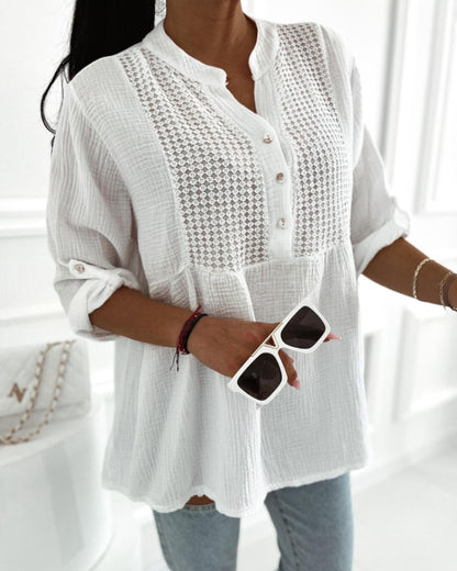 Notch Neck Roll Up Sleeve Lace Overlay Shirt Half Button Front Ruffle Hem Casual Top
