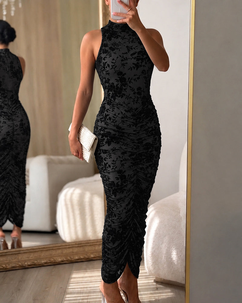 chic me bodycon dress Women's Flocking Floral Mesh Midi Mock Neck Sleeveless Ruched Dress Sheer Overlay Cocktial Party Dress Black XL by chicme Black dress with