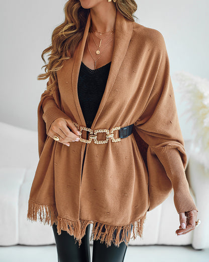 Tassel Design Long Sleeve Slit Cardigan Fashion Versatile Warm Cape Shawl