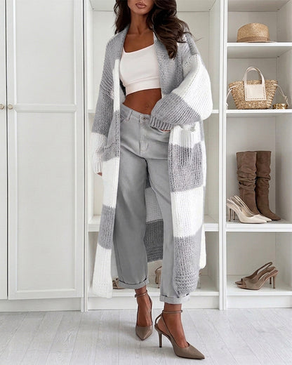 Women's Checkerboard Knit Cardigan Oversized Long Chunky Sweater Loose Lantern Sleeve Coat with Pockets