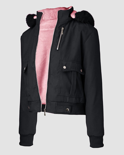 Fuzzy Trim Jacket Hooded Zip Up Fleece Lined Coat Outwear with Pockets