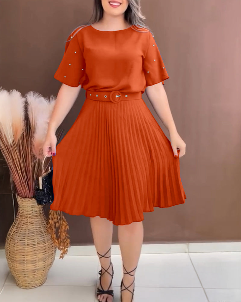 Pearls Decor Short Sleeve Cinched Waist Pleated Dress Elegant Butterfly Sleeve Midi Dress with Belt
