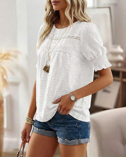 Puff Sleeve Hollow-out Lace Spliced 3D Jacquard Blouse Casual Shirred Cuffs Loose Fit Top