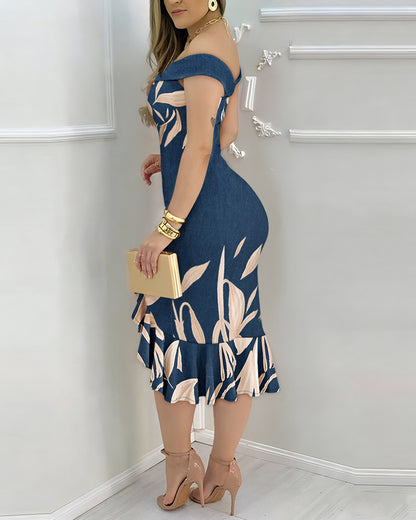 Women's Off Shoulder Midi Dress Leaf Print Bodycon Mermaid Dress Ruffle Hem Slit Party Cocktail Dress