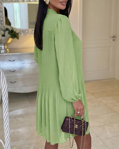 Women's French Style Pleated Chiffon Dress Elegant Tie Neck Lantern Sleeve Ruffle Hem Loose A Line Mini Sundress