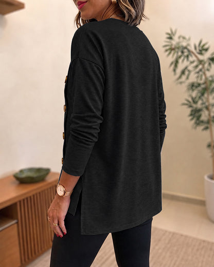 Women's Side Button Detail High-Low Split Hem Loose Tee Drop Shoulder Casual Top