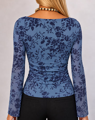 Women's Flocked Floral Boat Neck Sheer Mesh Long Sleeve Top Ruched Pullover