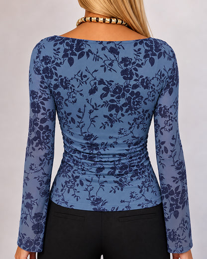 Women's Flocked Floral Boat Neck Sheer Mesh Long Sleeve Top Ruched Pullover