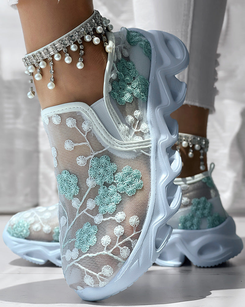 Floral Pattern Sheer Mesh Patch Round Toe Sneakers