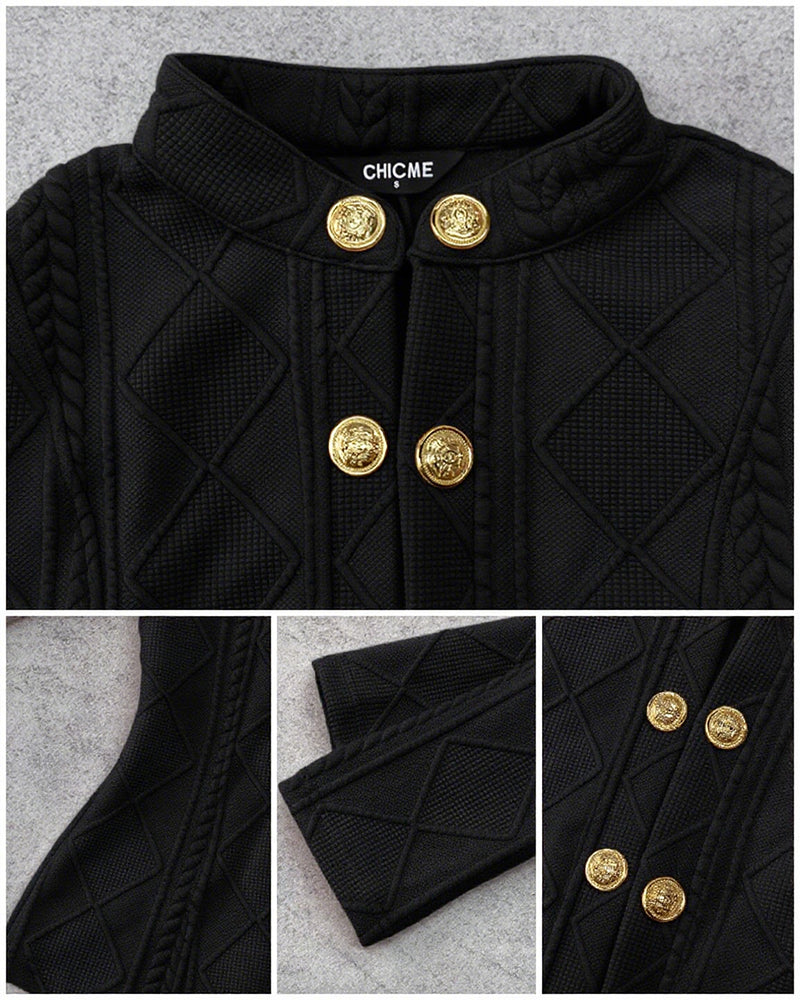 Metal Double Breasted Decor Stand Collar Argyle & Cable Textured Coat