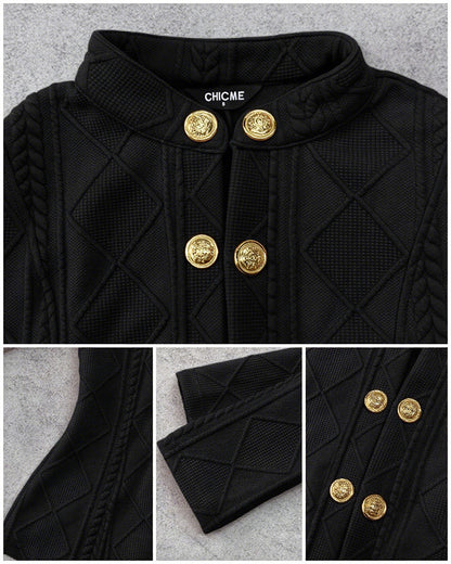 Metal Double Breasted Decor Stand Collar Argyle & Cable Textured Coat