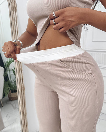 2 Piece Outfits Notch Neck Sleeveless Top Stretchy Waist Straight Leg Pants Lounge Sets Tracksuit