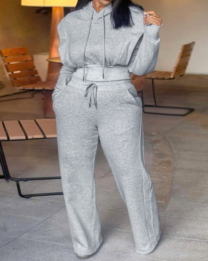 2 Pieces Outfit Long Sleeve Crop Drawstring Hoodie Sweatshirt With Thumb Hole Cuffs And Casual Drawstring Elastic Waist Wide Leg Sweatpants Set
