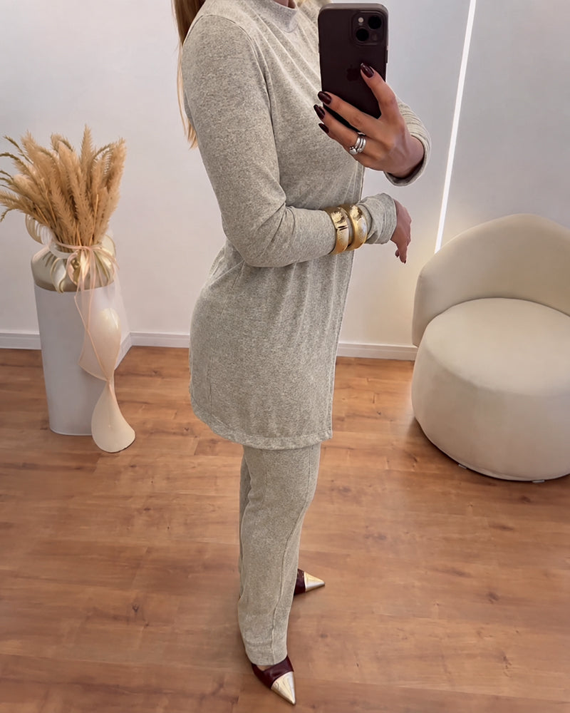 Women's 2 Piece Knit Outfits Mock Neck Long Sleeve Asymmetrical Longline Top and Straight Leg Pants Set