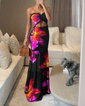 Floral Print Bandeau Sleeveless Shirred Hollow-out Maxi Dress