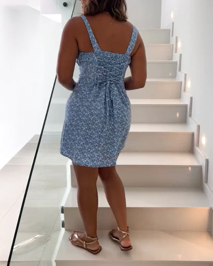 Ditsy Flora Print Square Neck Thick Strap Jumpsuit Tied Detail Shirred Back Slit Slim Fit Skort Romper