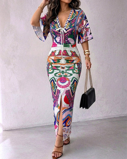 Vestido largo sexy para mujer con escote pronunciado en V, estampado abstracto, cordón, parte delantera fruncida, abertura y manga corta