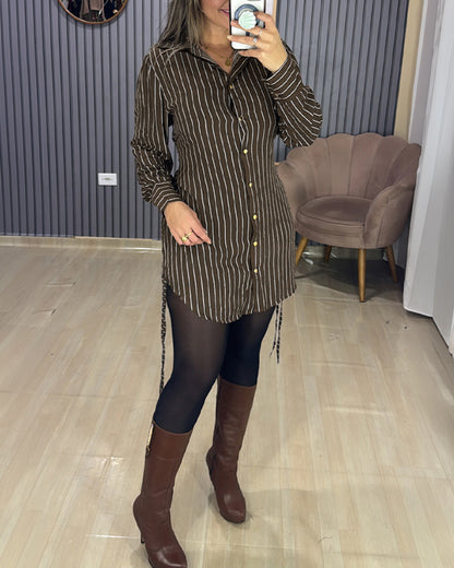 Women's Striped Shirred Back Shirt Dress Ruched Side Drawstring Long Sleeve Button Down Mini Dress
