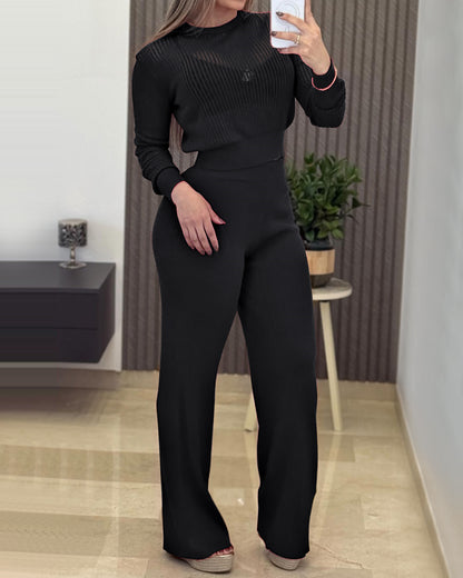 Round Neck Long Sleeve Vertical Pit Texture Top and Casual Wide Leg Pants Set