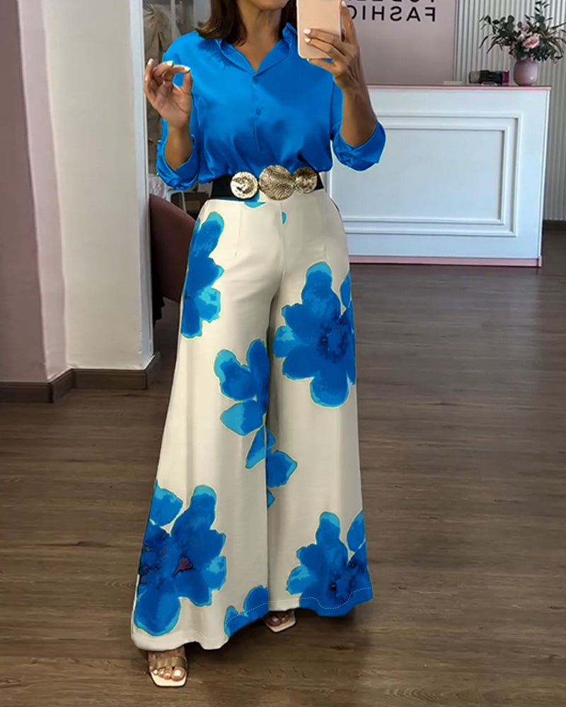 2 Pieces Outfit Long Sleeve Satin Blouse and Casual Floral Print High Waist Wide Leg Pants Set