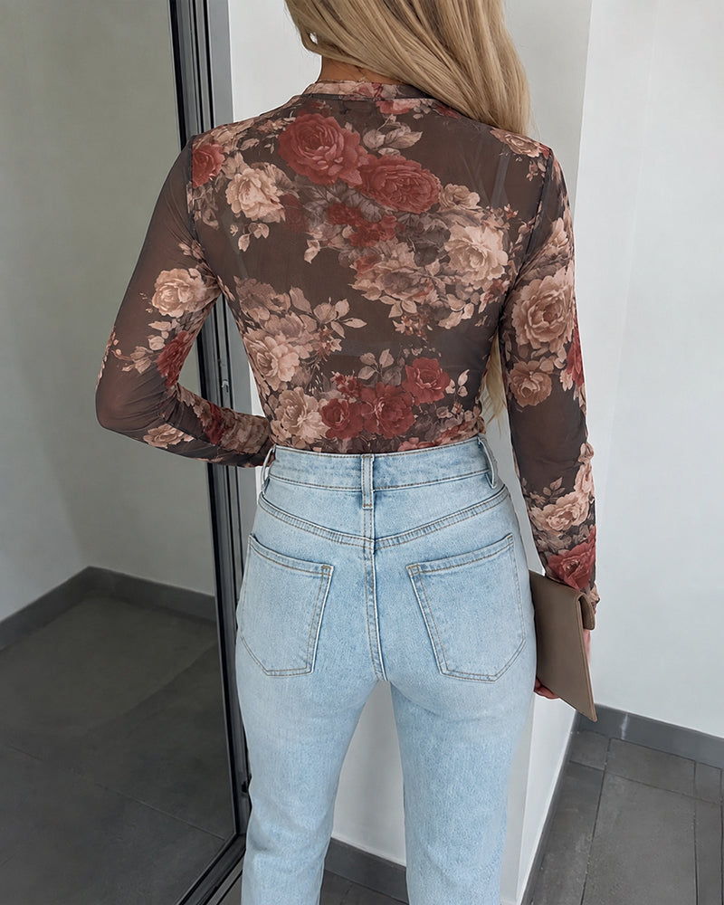 Women's Vintage Floral Print Sheer Mesh Top Long Sleeve Slim Fit Crewneck Layering Top with Thumb Hole Cuffs