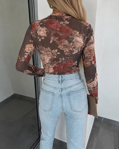 Women's Vintage Floral Print Sheer Mesh Top Long Sleeve Slim Fit Crewneck Layering Top with Thumb Hole Cuffs