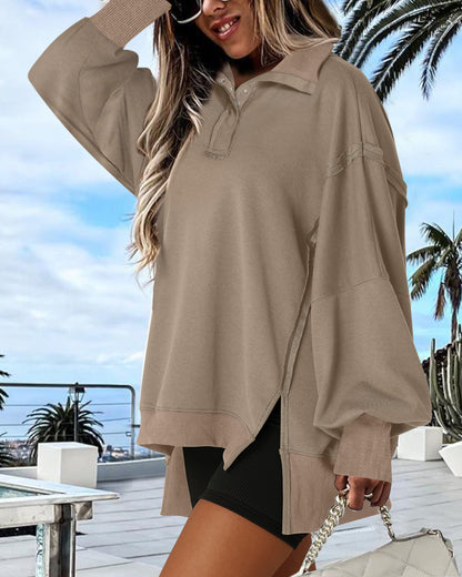 Polo Collar Long Sleeve Sweatshirt Loose Fit Side Slit Dip Hem Casual Top