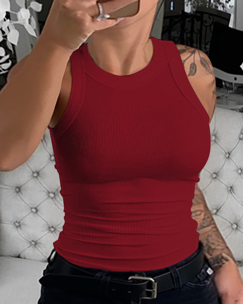 Plus Size Ribbed Round Neck Sleeveless Slim Fit Tank Basic Casual Top