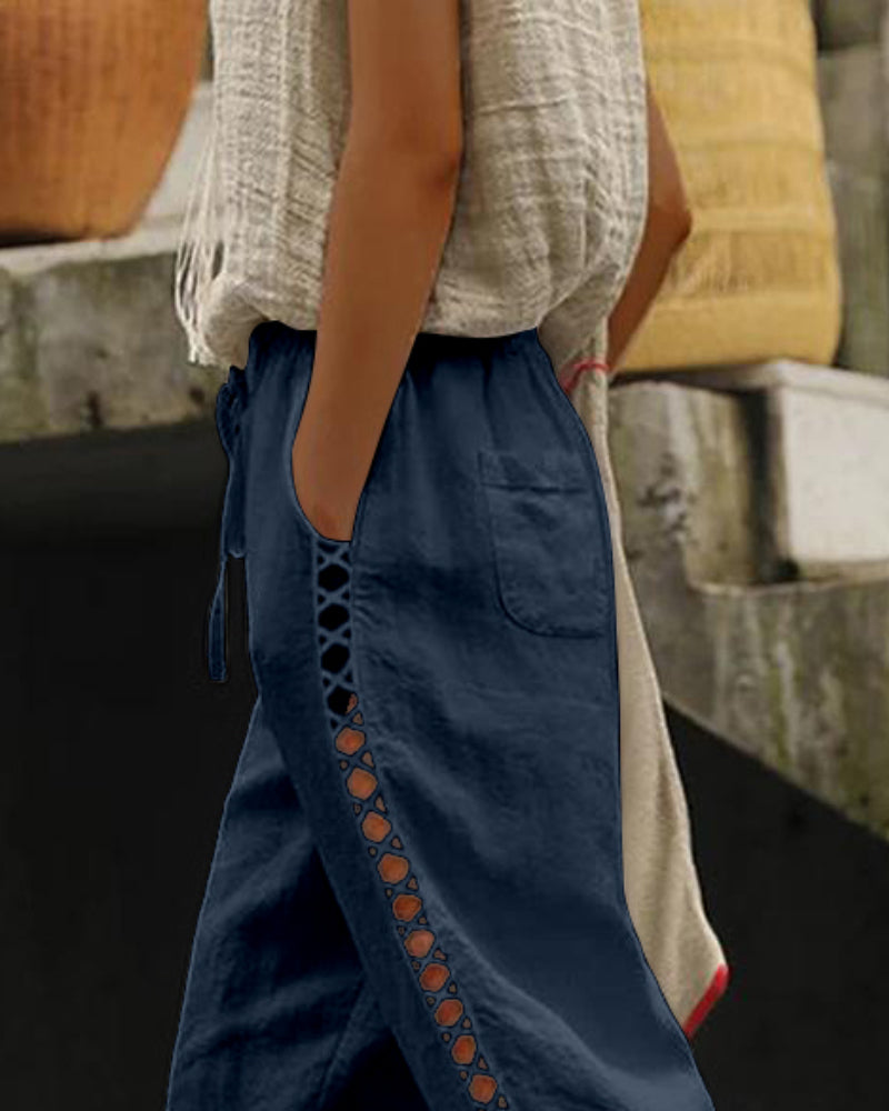 Hollow Out Lace Patch Pocket Design Casual Pants